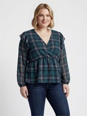 torrid Teal Plaid Wrap Peplum Top